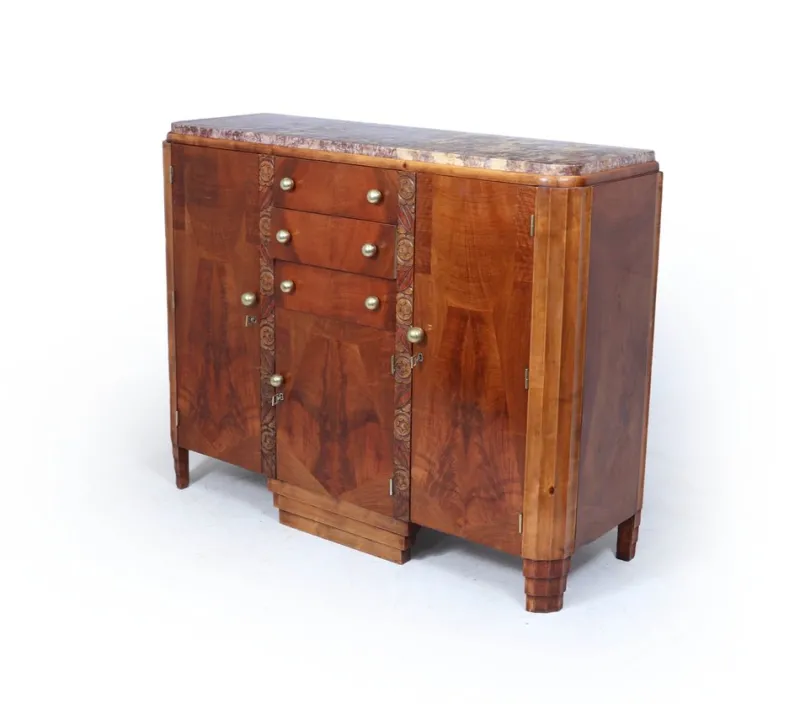 Pamono Art Deco French Walnut Sideboard with Marble Top, 1930s> Sideboards & Buffets