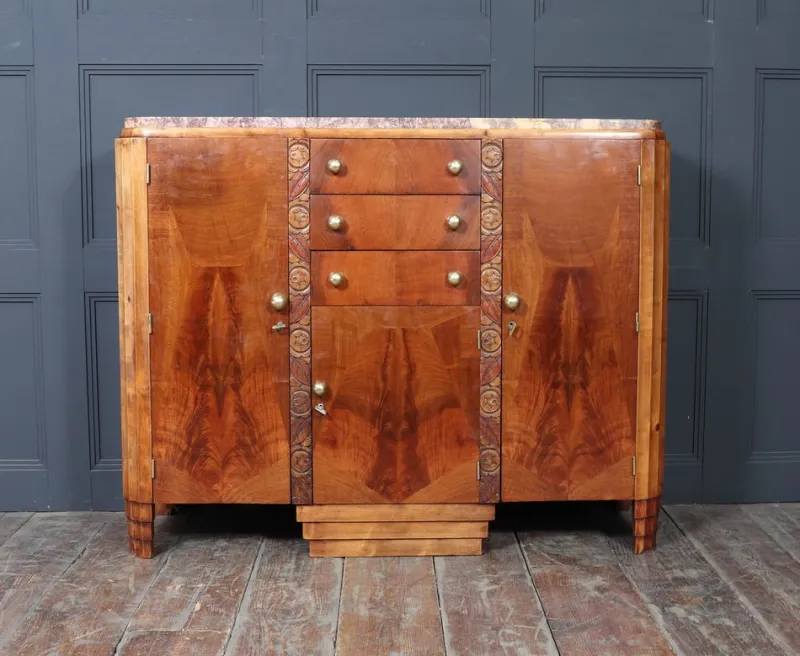 Pamono Art Deco French Walnut Sideboard with Marble Top, 1930s> Sideboards & Buffets