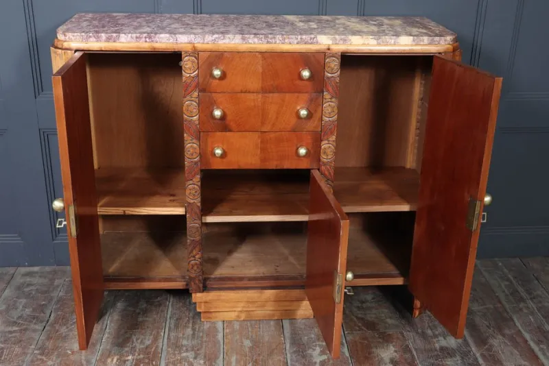 Pamono Art Deco French Walnut Sideboard with Marble Top, 1930s> Sideboards & Buffets