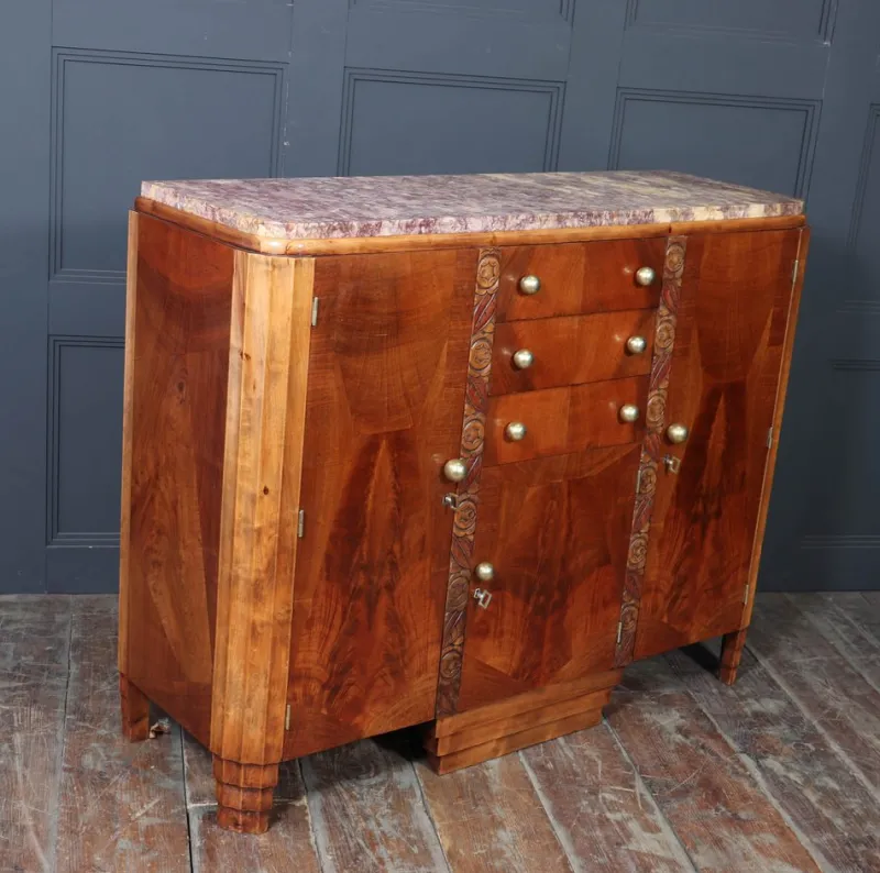 Pamono Art Deco French Walnut Sideboard with Marble Top, 1930s> Sideboards & Buffets