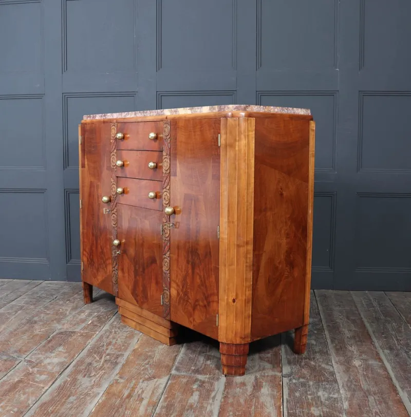 Pamono Art Deco French Walnut Sideboard with Marble Top, 1930s> Sideboards & Buffets