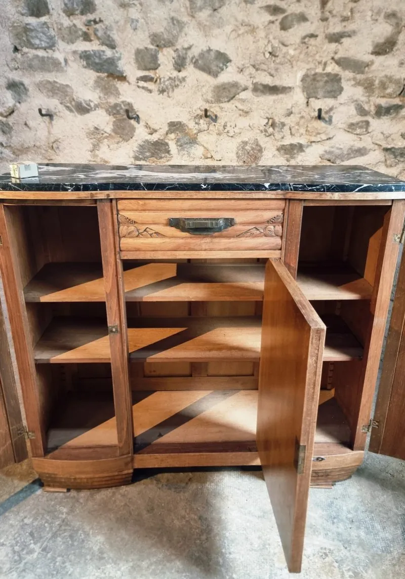 Pamono Art Deco French Walnut Sideboard with Marble Top, 1920s> Sideboards & Buffets