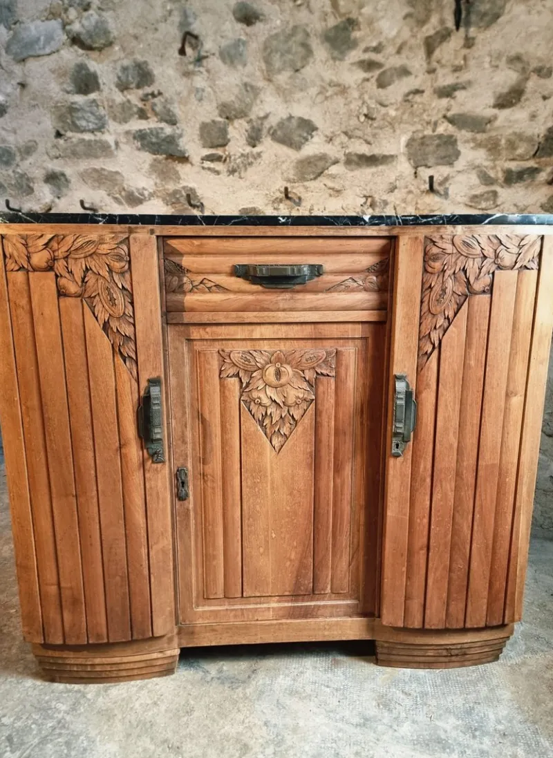Pamono Art Deco French Walnut Sideboard with Marble Top, 1920s> Sideboards & Buffets