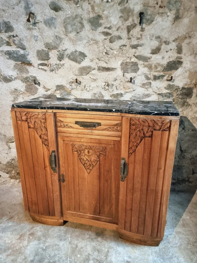 Pamono Art Deco French Walnut Sideboard with Marble Top, 1920s> Sideboards & Buffets