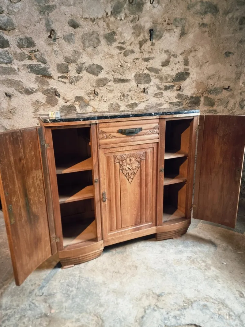 Pamono Art Deco French Walnut Sideboard with Marble Top, 1920s> Sideboards & Buffets