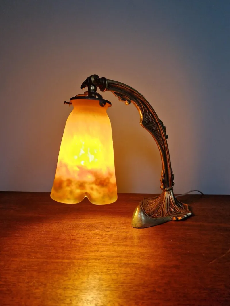 Pamono Art Deco Gilt Bronze and Marble Glass Desk Lamp from Muller Frères, 1920s