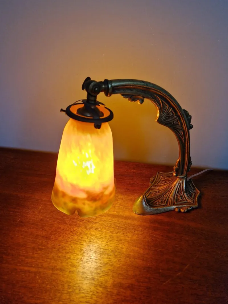Pamono Art Deco Gilt Bronze and Marble Glass Desk Lamp from Muller Frères, 1920s