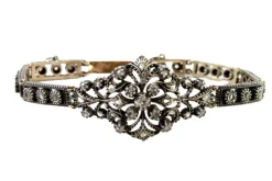 Pamono Art Deco Gold and Silver Bracelet with Central Brilliant-Cut Diamond and Diamond Chips> Bracelets