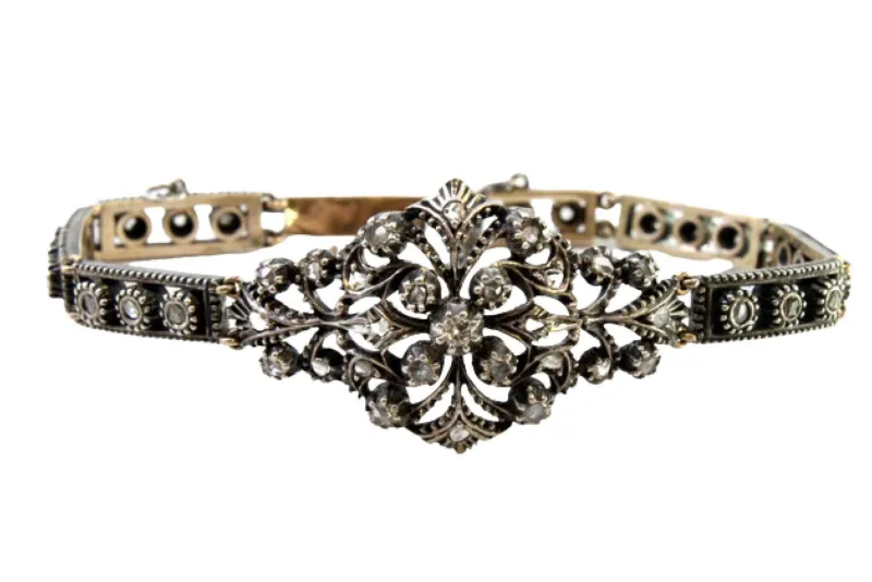 Pamono Art Deco Gold and Silver Bracelet with Central Brilliant-Cut Diamond and Diamond Chips> Bracelets