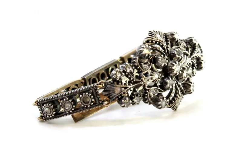 Pamono Art Deco Gold and Silver Bracelet with Central Brilliant-Cut Diamond and Diamond Chips> Bracelets
