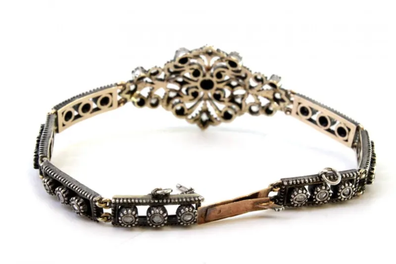 Pamono Art Deco Gold and Silver Bracelet with Central Brilliant-Cut Diamond and Diamond Chips> Bracelets