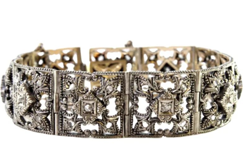 Pamono Art Deco Gold and Silver Articulated Bracelet with Brilliant-Cut Diamonds and Flakes> Bracelets
