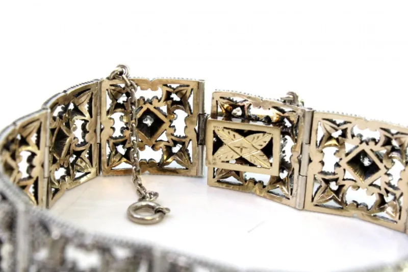 Pamono Art Deco Gold and Silver Articulated Bracelet with Brilliant-Cut Diamonds and Flakes> Bracelets
