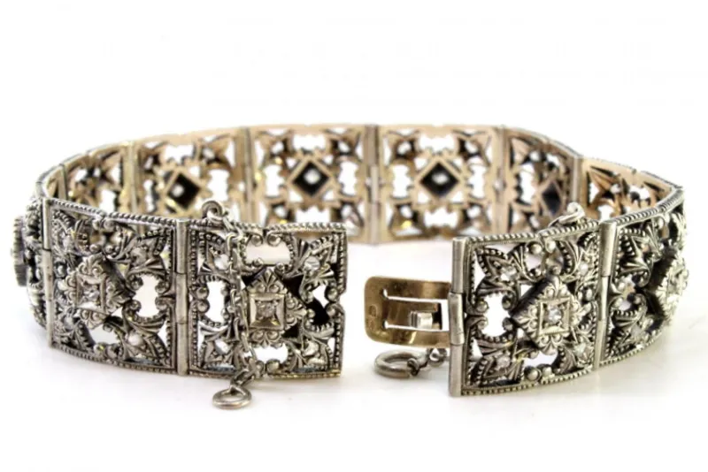Pamono Art Deco Gold and Silver Articulated Bracelet with Brilliant-Cut Diamonds and Flakes> Bracelets