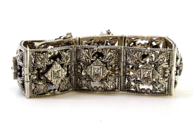 Pamono Art Deco Gold and Silver Articulated Bracelet with Brilliant-Cut Diamonds and Flakes> Bracelets