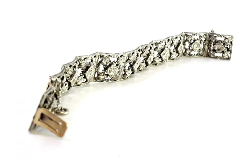 Pamono Art Deco Gold and Silver Articulated Bracelet with Brilliant-Cut Diamonds and Flakes> Bracelets