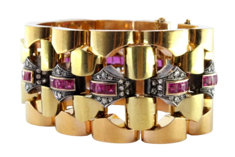 Pamono Art Deco Gold Bracelet with Diamond Chips, Rubies and Silver-Plated Central Links> Bracelets