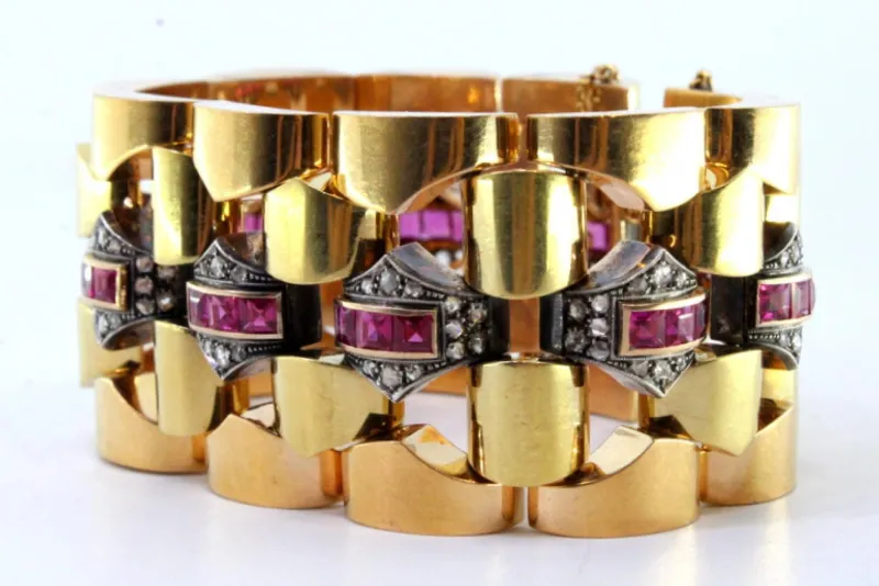 Pamono Art Deco Gold Bracelet with Diamond Chips, Rubies and Silver-Plated Central Links> Bracelets