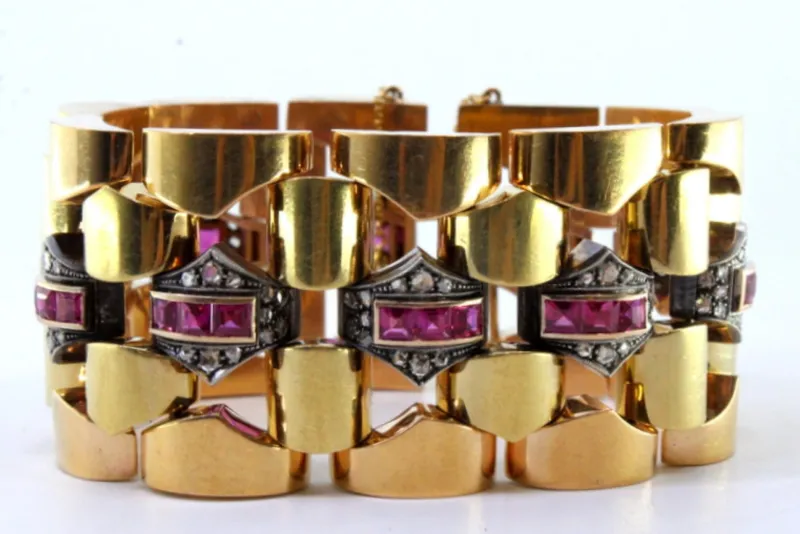 Pamono Art Deco Gold Bracelet with Diamond Chips, Rubies and Silver-Plated Central Links> Bracelets