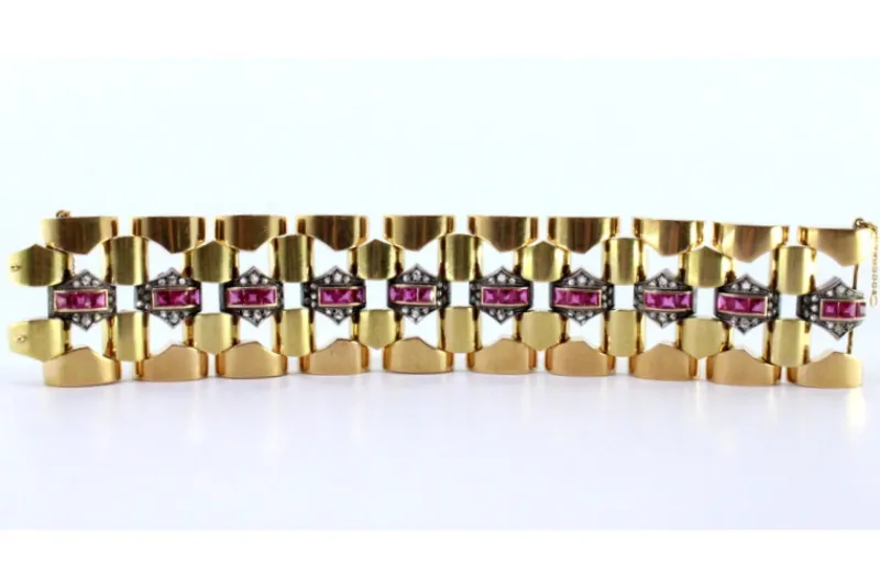 Pamono Art Deco Gold Bracelet with Diamond Chips, Rubies and Silver-Plated Central Links> Bracelets