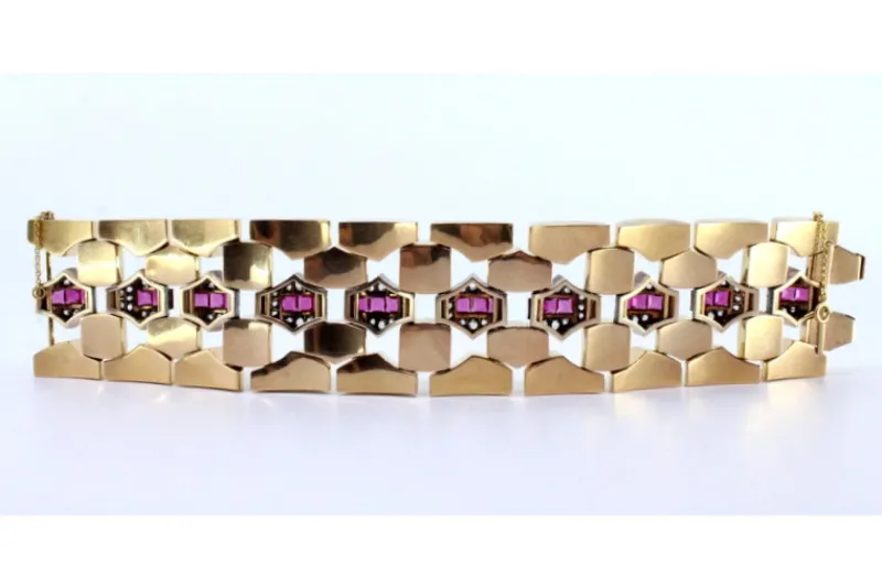 Pamono Art Deco Gold Bracelet with Diamond Chips, Rubies and Silver-Plated Central Links> Bracelets