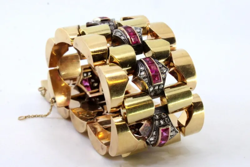 Pamono Art Deco Gold Bracelet with Diamond Chips, Rubies and Silver-Plated Central Links> Bracelets