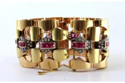 Pamono Art Deco Gold Bracelet with Diamond Chips, Rubies and Silver-Plated Central Links><noscript><img width=