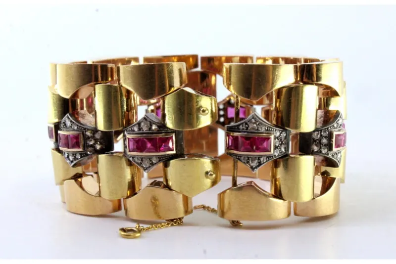 Pamono Art Deco Gold Bracelet with Diamond Chips, Rubies and Silver-Plated Central Links> Bracelets