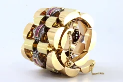 Pamono Art Deco Gold Bracelet with Diamond Chips, Rubies and Silver-Plated Central Links><noscript><img width=