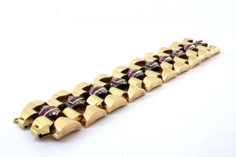 Pamono Art Deco Gold Bracelet with Diamond Chips, Rubies and Silver-Plated Central Links> Bracelets