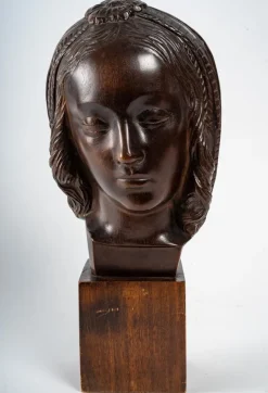 Best Pamono Art Deco Head of a Woman Wood Sculpture, 1930s