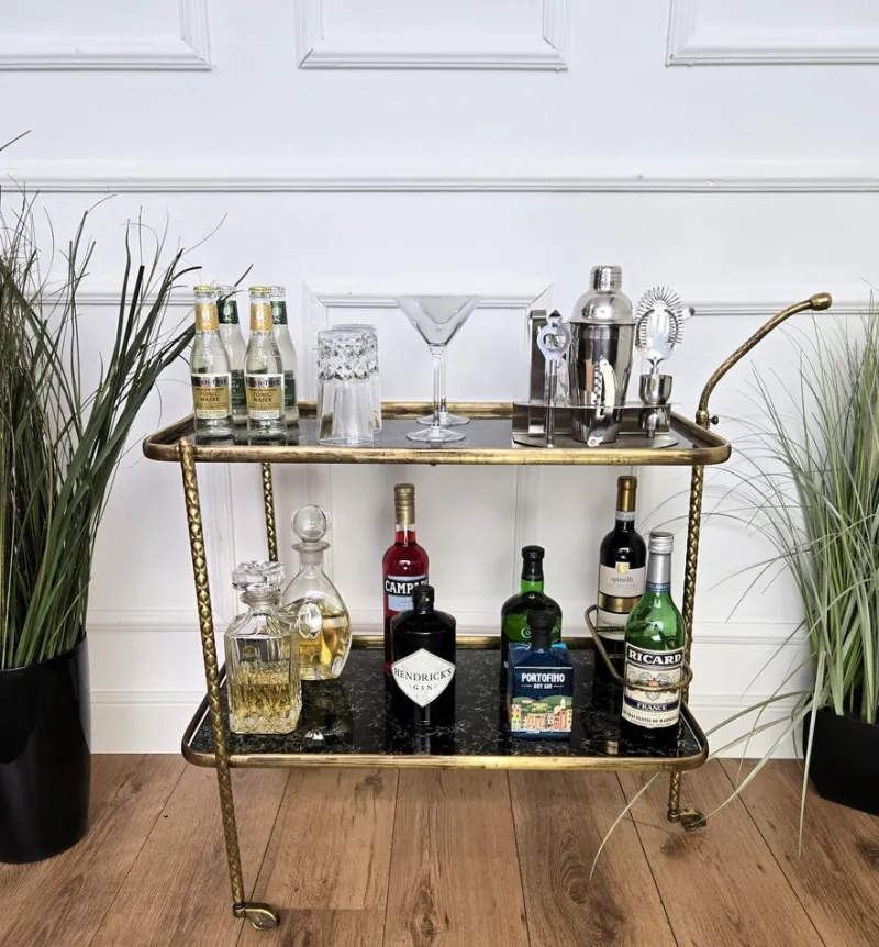Sale Pamono Art Deco Italian Two-Tier Gilt Brass and Marble Glass Bar Cart by Milo Baughman, 1950s