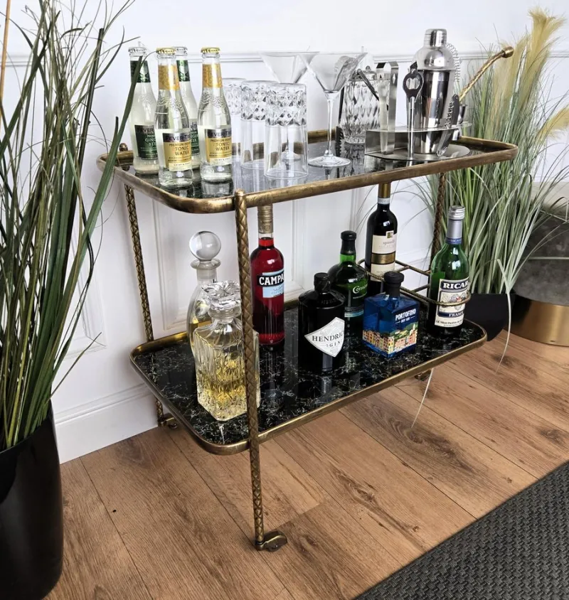Sale Pamono Art Deco Italian Two-Tier Gilt Brass and Marble Glass Bar Cart by Milo Baughman, 1950s