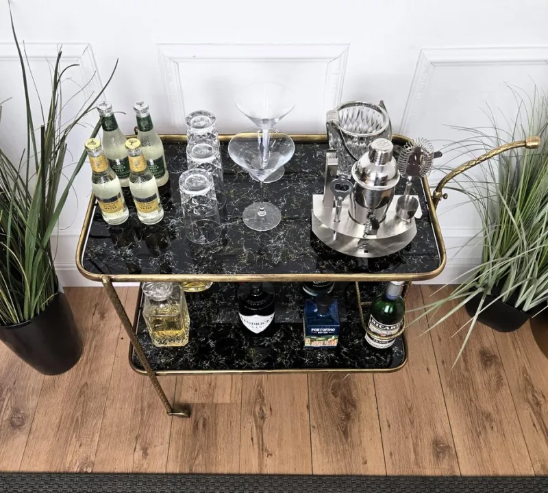Sale Pamono Art Deco Italian Two-Tier Gilt Brass and Marble Glass Bar Cart by Milo Baughman, 1950s