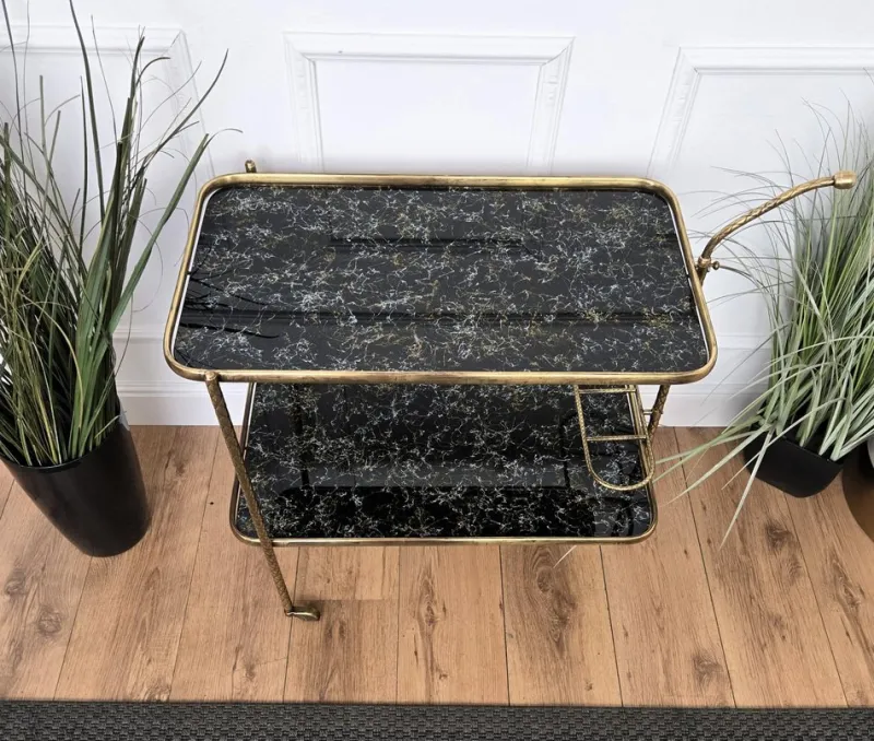 Sale Pamono Art Deco Italian Two-Tier Gilt Brass and Marble Glass Bar Cart by Milo Baughman, 1950s