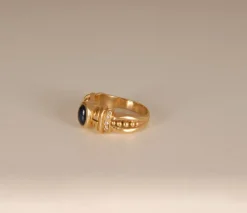 Pamono Art Deco 14K Yellow Gold Ring with Cabochon Cut Sapphire Style Stone and Brilliant Cut Crystals> Rings