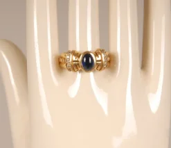 Pamono Art Deco 14K Yellow Gold Ring with Cabochon Cut Sapphire Style Stone and Brilliant Cut Crystals> Rings