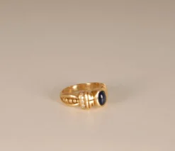 Pamono Art Deco 14K Yellow Gold Ring with Cabochon Cut Sapphire Style Stone and Brilliant Cut Crystals><noscript><img width=