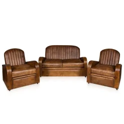 Discount Pamono Art Deco Leather Tub Chairs & Sofa, 1920s, Set of 3