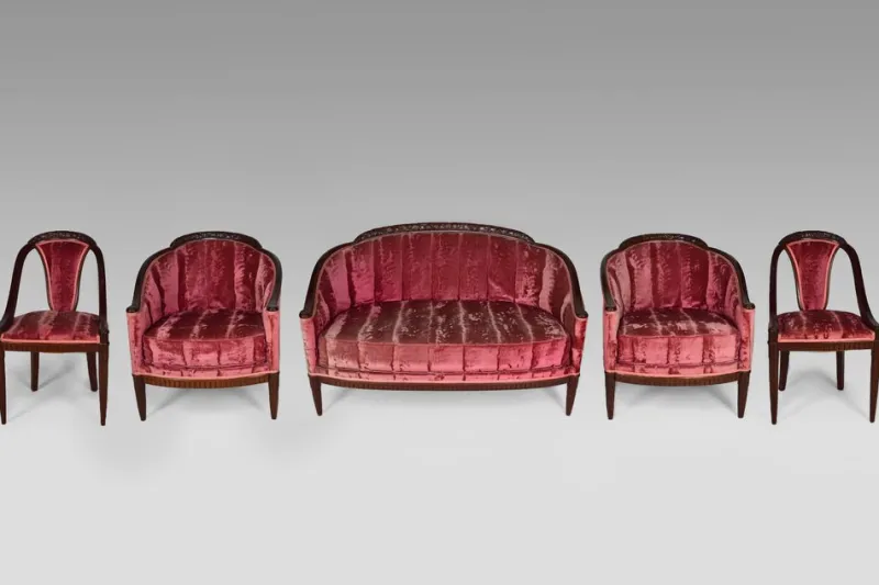Pamono Art Deco Living Room Set in Pink Velvet attributed to Paul Follot, France, 1920s, Set of 5> Living Room Sets