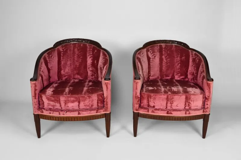 Pamono Art Deco Living Room Set in Pink Velvet attributed to Paul Follot, France, 1920s, Set of 5> Living Room Sets