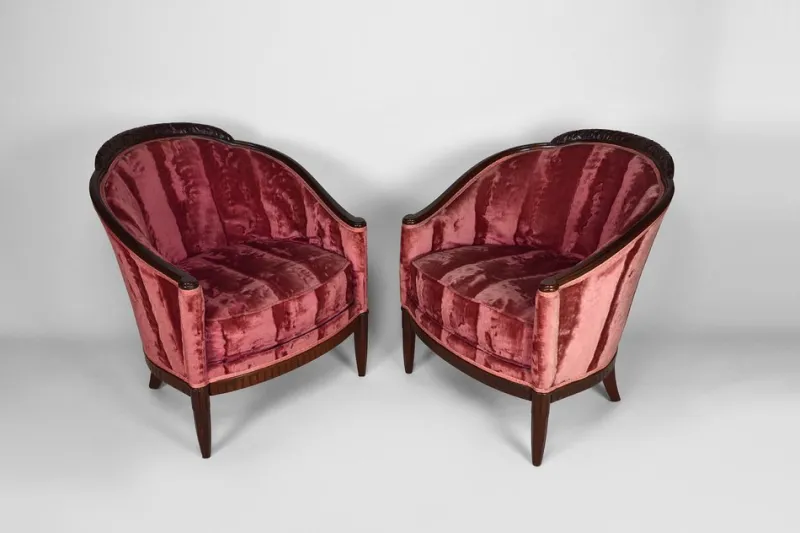 Pamono Art Deco Living Room Set in Pink Velvet attributed to Paul Follot, France, 1920s, Set of 5> Living Room Sets
