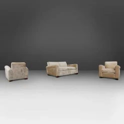 Pamono Art Deco Living Set in Velvet by Jules Leleu, 1930s, Set of 3> Living Room Sets