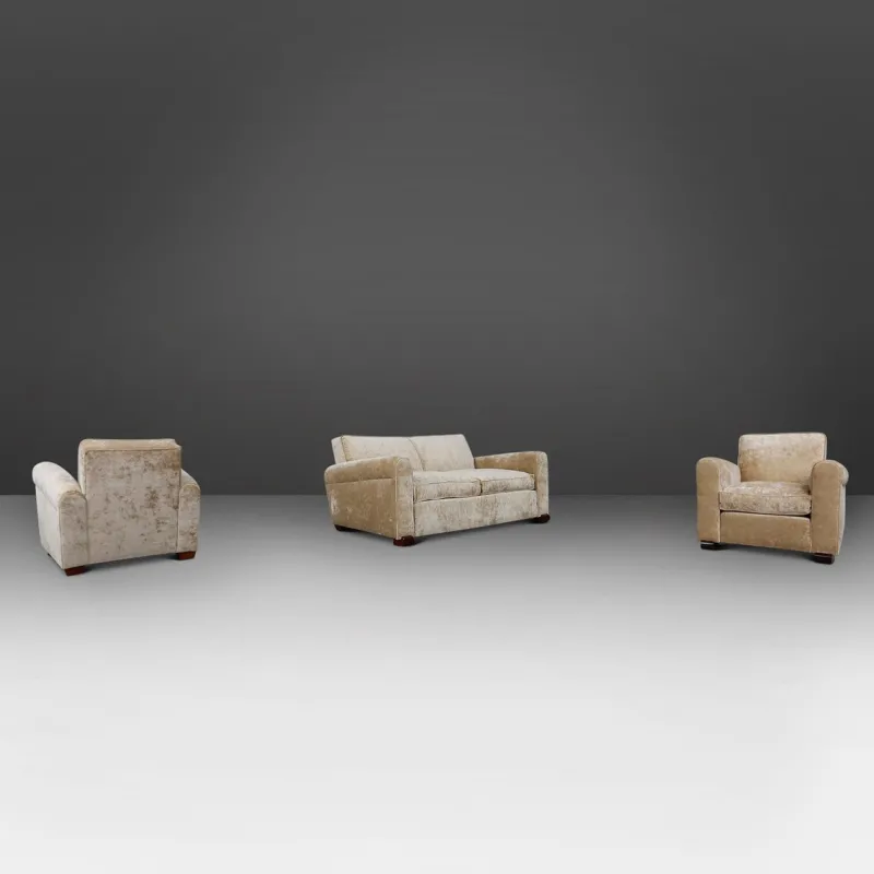 Pamono Art Deco Living Set in Velvet by Jules Leleu, 1930s, Set of 3> Living Room Sets