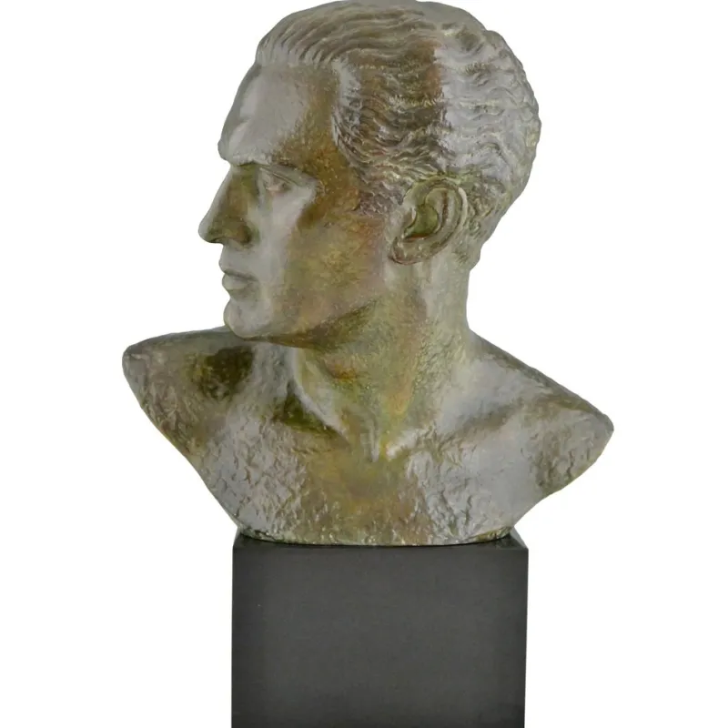 Hot Pamono Art Deco Male Bust Sculpture of Aviator Jean Mermoz in Bronze & Marble by Lucien Gibert, 1925