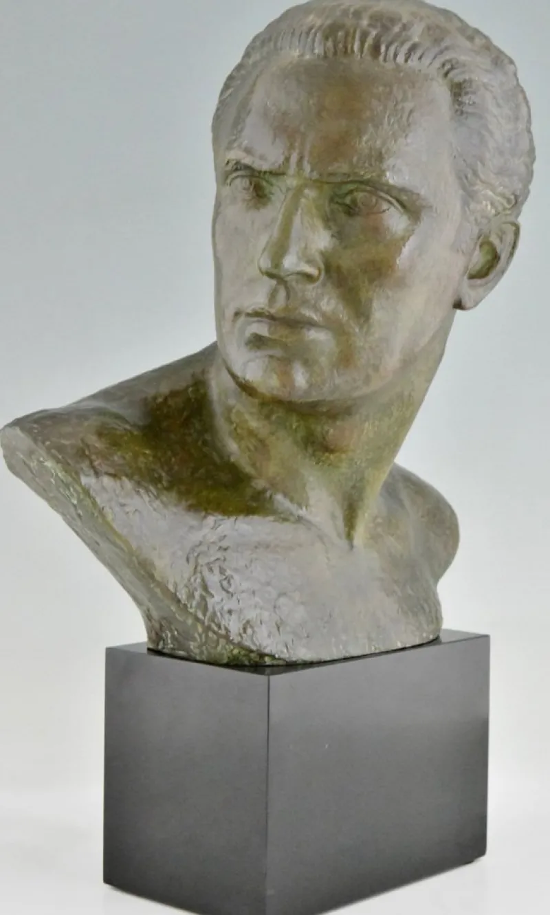 Hot Pamono Art Deco Male Bust Sculpture of Aviator Jean Mermoz in Bronze & Marble by Lucien Gibert, 1925