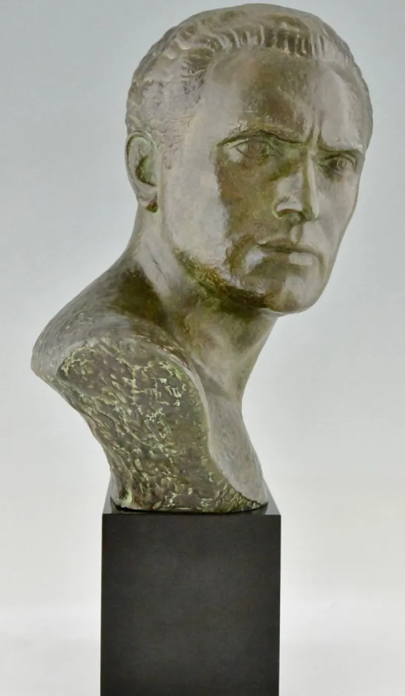 Hot Pamono Art Deco Male Bust Sculpture of Aviator Jean Mermoz in Bronze & Marble by Lucien Gibert, 1925