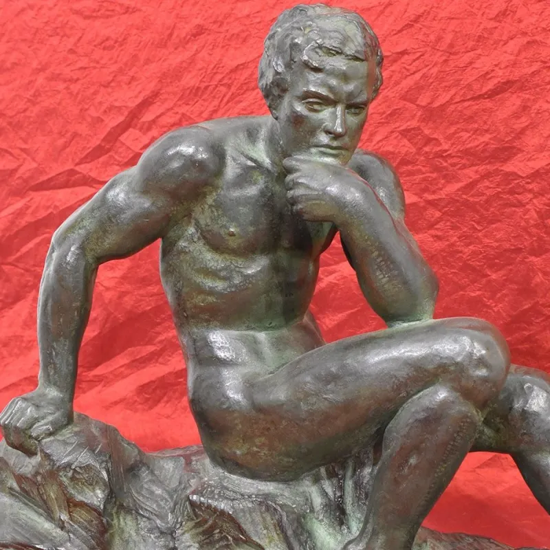 Pamono Art Deco Male Figure of Seated Man, 20th Century, Bronze> Art Deco
