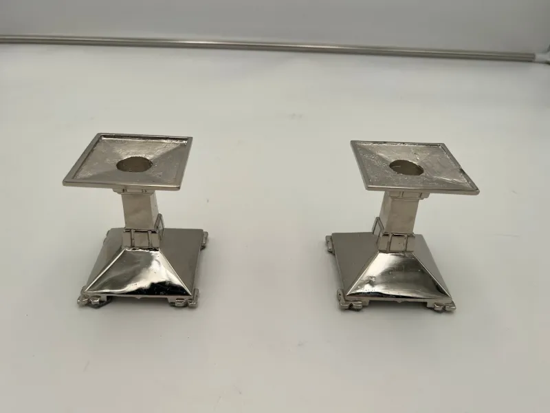 Pamono Art Deco Nickel-Plated Bronze Candlesticks, France, 1930, Set of 2> Candleholders