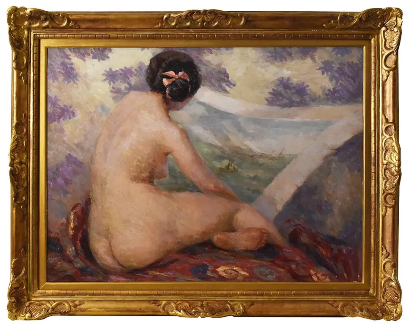 Pamono Art Deco Nude Woman, 20th Century, Oil on Panel, Framed> Art Deco
